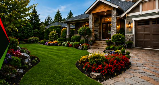 Landscaped front yard with bright lawn, flower beds, and a home exterior